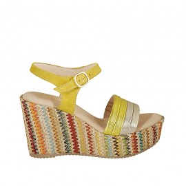 Woman's strap sandal with platform in yellow suede, yellow and platinum laminated leather and multicolored wedge heel 9 - Available sizes:  42, 43