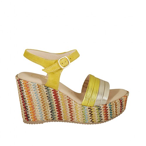 Woman's strap sandal with platform in yellow suede, yellow and platinum laminated leather and multicolored wedge heel 9 - Available sizes:  42, 43