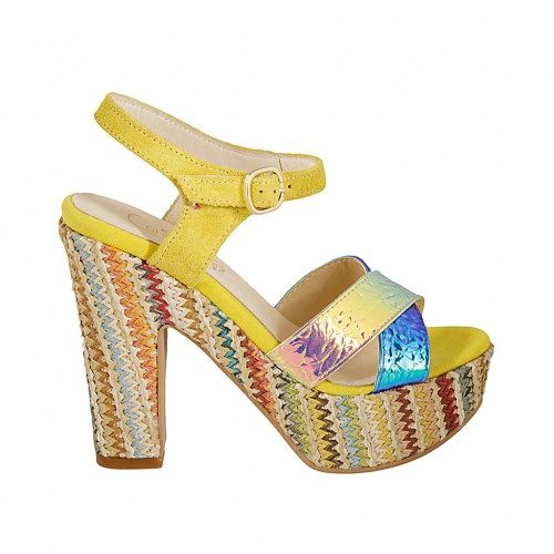 Woman's strap sandal with platform in yellow suede, multicolored holographic patent leather and multicolored fabric heel 12 - Available sizes:  42