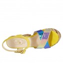 Woman's strap sandal with platform in yellow suede, multicolored holographic patent leather and multicolored fabric heel 12 - Available sizes:  42