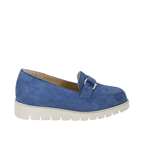 Mocassin pour femmes avec accessoire et semelle amovible en daim bleu clair talon compensé 3 - Pointures disponibles:  42