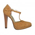 Woman's open shoe with platform and t-strap in cognac brown suede heel 11 - Available sizes:  42