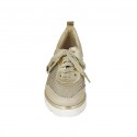 Woman's laced shoe in platinum laminated printed leather, suede and and pierced fabric wedge heel 3 - Available sizes:  45