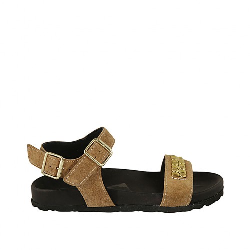 Woman's sandal in beige suede with strap, buckle, accessory and wedge heel 2 - Available sizes:  42