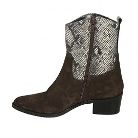 Woman's pointy texan ankle boot with zipper in brown suede and printed leather heel 4 - Available sizes:  32 2