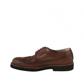 Men's laced derby shoe in cognac brown leather with Brogue decorations - Available sizes:  46 2