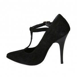 Woman's T-strap pump in black suede heel 11 2