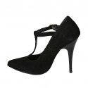 Woman's T-strap pump in black suede heel 11