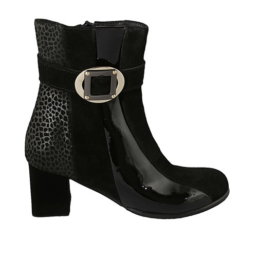 Woman's ankle boot with zipper and buckle in black and spotted suede and black patent leather heel 6 - Available sizes:  43