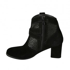 Woman's ankle boot with zipper and buckles in black and spotted suede heel 6 - Available sizes:  32, 33, 43 2
