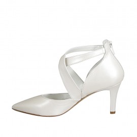 Woman's pump in pearled ivory leather with backside zipper and crossed straps heel 7 - Available sizes:  45 2