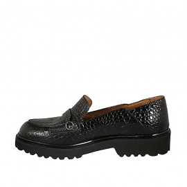 Mocasín para mujer con accesorio cremallera en piel imprimida negra tacon 3 - Tallas disponibles:  32 2