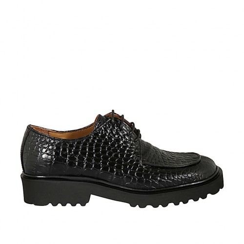 Chaussure derby à lacets pour femmes en cuir imprimé noir talon 3 - Pointures disponibles:  32, 42