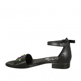 Zapato abierto para mujer en piel negra con cinturon y tachuelas coloridas tacon 2 - Tallas disponibles:  32, 33 2
