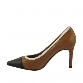 Decolté a punta da donna in pelle color cuoio, nera e bianca tacco 8 - Misure disponibili: 31, 42 2