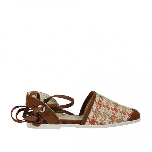 Woman's open shoe with laces in cognac brown suede and multicolored fabric heel 1 - Available sizes:  34, 43