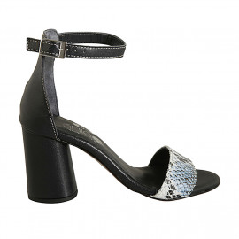 Woman's open shoe with strap in dark blue leather and light blue printed leather heel 7 - Available sizes:  42