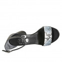 Woman's open shoe with strap in dark blue leather and light blue printed leather heel 7 - Available sizes:  42