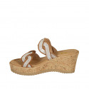 Woman's mules in cognac brown suede and platinum laminated printed suede wedge heel 7 - Available sizes:  42