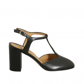 Woman's slingback pump with T-strap in black leather heel 8 - Available sizes:  42