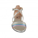 Woman's open shoe with strap in silver, platinum, light blue and pink laminated leather heel 1 - Available sizes:  33