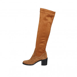 Woman's boot in cognac suede and elastic material heel 6 - Available sizes:  42 2