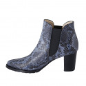 Woman's pointy ankle boot with elastic bands in blue printed leather heel 7 - Available sizes:  43