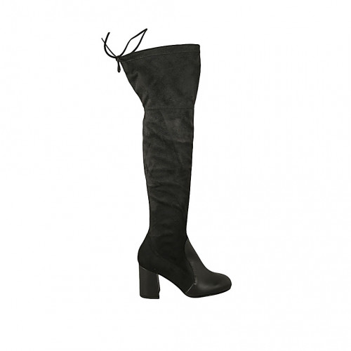 Bottes au genou pour femmes en daim elastique et cuir noir avec lacets et demi fermeture éclair talon 7 - Pointures disponibles:  33, 34, 42