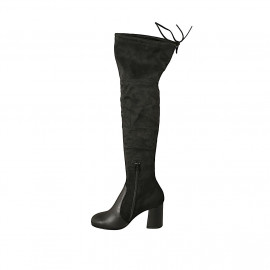 Woman's knee-high boot in black elasticized suede and leather with lace and half zipper heel 7 - Available sizes:  33, 34, 42 2