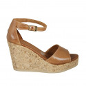 Woman's open shoe with strap and platform in cognac brown leather wedge heel 9 - Available sizes:  43