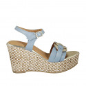 Woman's strap sandal in light blue and platinum leather with platform and braided wedge heel 9 - Available sizes:  42, 43, 44