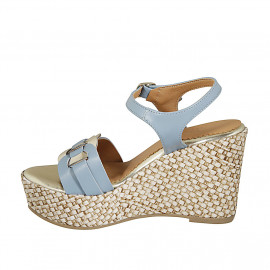 Woman's strap sandal in light blue and platinum leather with platform and braided wedge heel 9 - Available sizes:  42, 43, 44 2