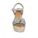 Woman's strap sandal in light blue and platinum leather with platform and braided wedge heel 9 - Available sizes:  42, 43, 44