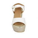 Woman's platform sandal with strap in white leather and beige fabric wedge heel 9 - Available sizes:  42, 43, 45