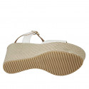Woman's platform sandal with strap in white leather and beige fabric wedge heel 9 - Available sizes:  42, 43, 45