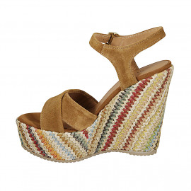 Woman's strap sandal with platform in cognac brown suede and multicolored fabric wedge heel 12 - Available sizes:  42, 43 2