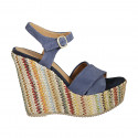 Woman's strap sandal with platform in light blue suede and multicolored fabric wedge heel 12 - Available sizes:  42, 43