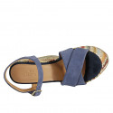 Woman's strap sandal with platform in light blue suede and multicolored fabric wedge heel 12 - Available sizes:  42, 43