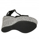 Woman's strap platform sandal in black suede and silver grey fabric wedge heel 12 - Available sizes:  42