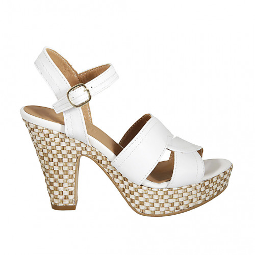 Sandalo da donna con plateau e cinturino in pelle bianca e tacco rivestito intrecciato 10 - Misure disponibili: 42