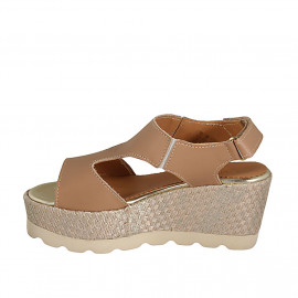 Woman's sandal with velcro strap in light brown leather and fabric wedge heel 7 - Available sizes:  43 2