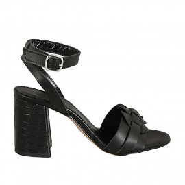 Woman's strap sandal in black leather and printed leather heel 7 - Available sizes:  42