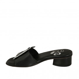 Mules pour femmes en cuir noir et lamé argent avec goujons talon 3 - Pointures disponibles:  32 2