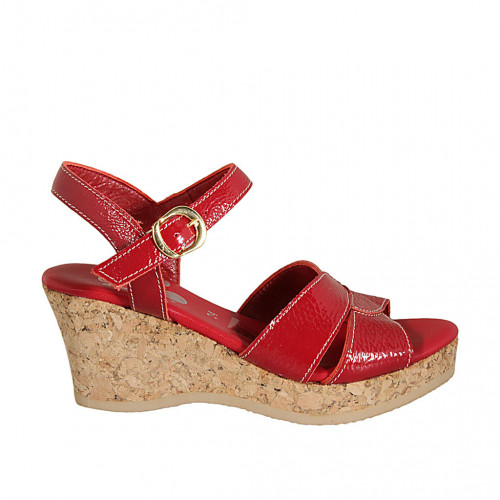 Woman's sandal in red patent leather with strap, platform and wedge heel 7 - Available sizes:  42