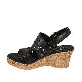Woman's sandal in black pierced leather with platform and wedge heel 7 - Available sizes:  42 2