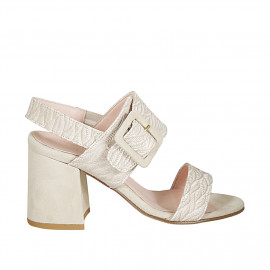 Sandalo da donna con fibbia ed elastico in pelle stampata e camoscio beige tacco 7 - Misure disponibili: 43, 45