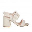 Woman's sandal with elastic and buckle in beige printed leather and suede heel 7 - Available sizes:  43, 45