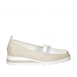 Woman's mocassin in white and beige printed leather and light blu suede wedge heel 3 - Available sizes:  42