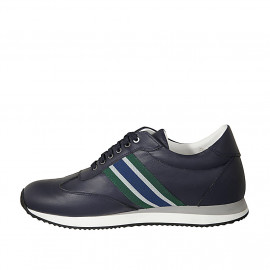 Men's laced casual shoe with removable insole in blue leather and blue, green and grey fabric - Available sizes:  37, 50 2