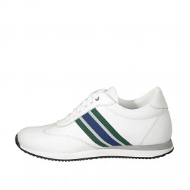 Men's laced casual shoe with removable insole in white leather and blue, green and grey fabric - Available sizes:  38, 46 2